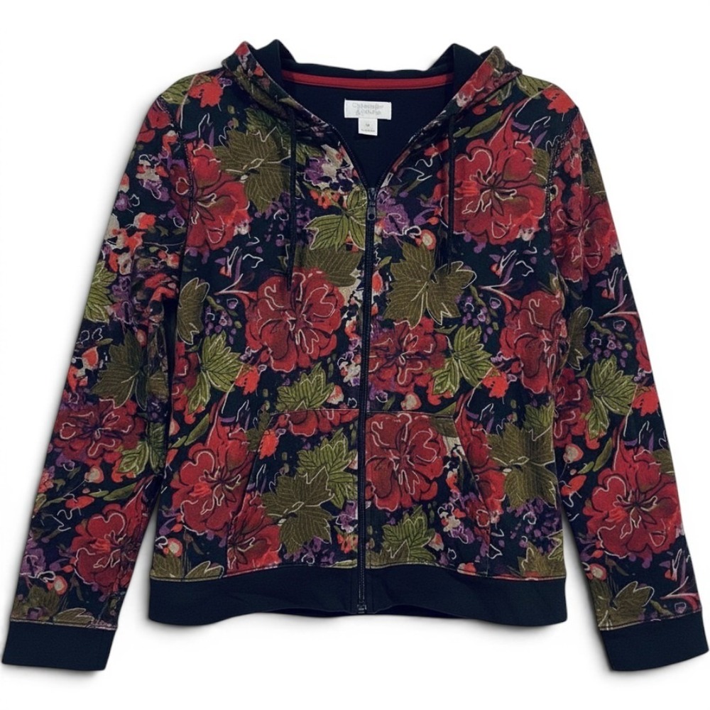 Womens Medium Multicolor Floral Hooded Zip Hoodie fall Boho Indie
